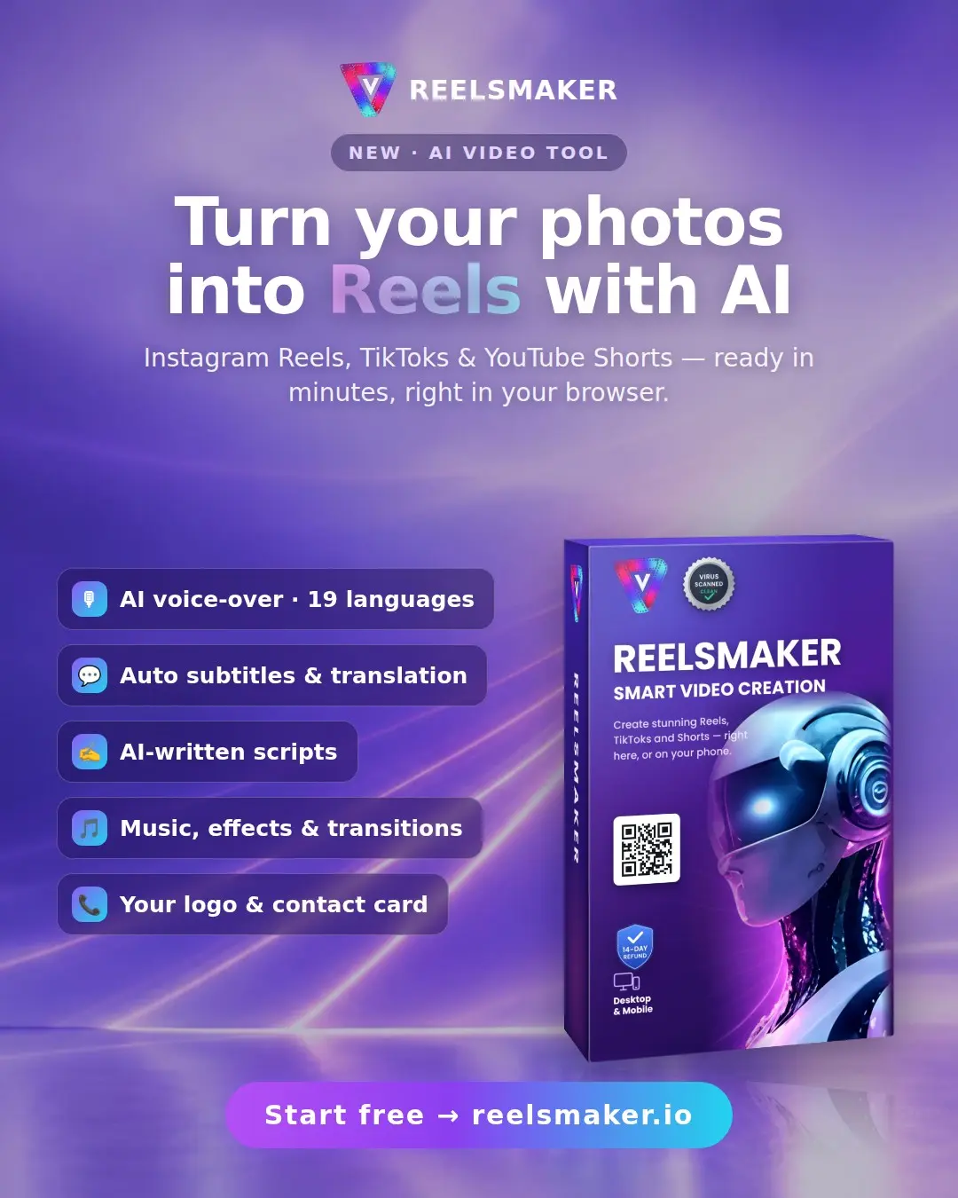 ReelsMaker: turn your photos into Reels with AI. AI voice-over in 19 languages, auto subtitles and translation, AI-written scripts, music and effects. Start free.