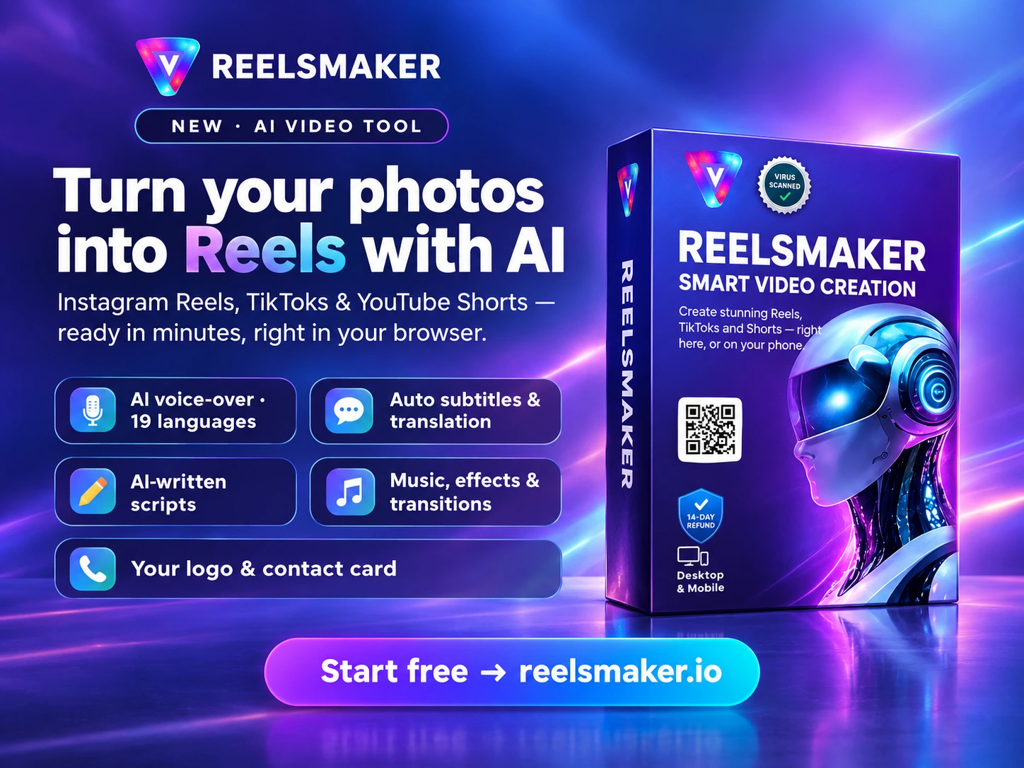 ReelsMaker: turn your photos into Reels with AI. AI voice-over in 19 languages, auto subtitles and translation, AI-written scripts, music and effects. Start free.